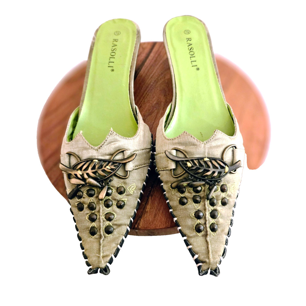 Rasolli vintage-style light green pointed-toe mules with embellishments 7.5